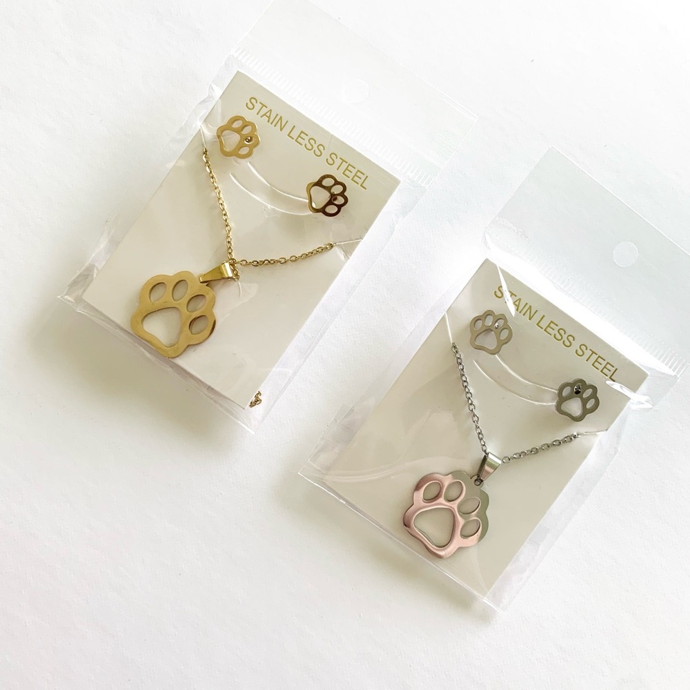 Gold or Silver Paw Print Necklace and Earrings Set